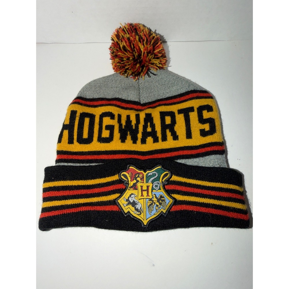 Harry Potter Hogwarts Knit Beanie Pom Pom Hat Grey Gold Burgundy Striped Crest